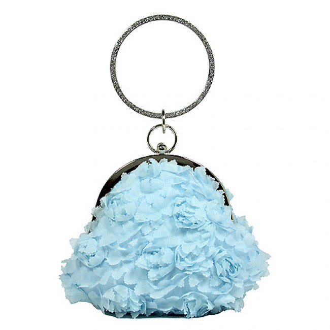 Evening Bag - Chiffon Rosettes w/ Rhinestone Ring Wristlet - Blue - BG-100187BL